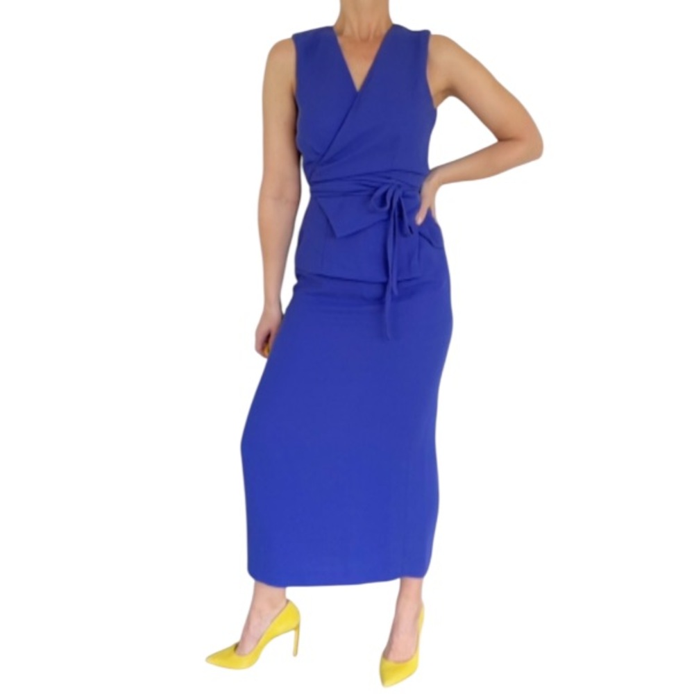 Vintage YL by Yair blue sleeveless wrap top midi length formal dress size 8